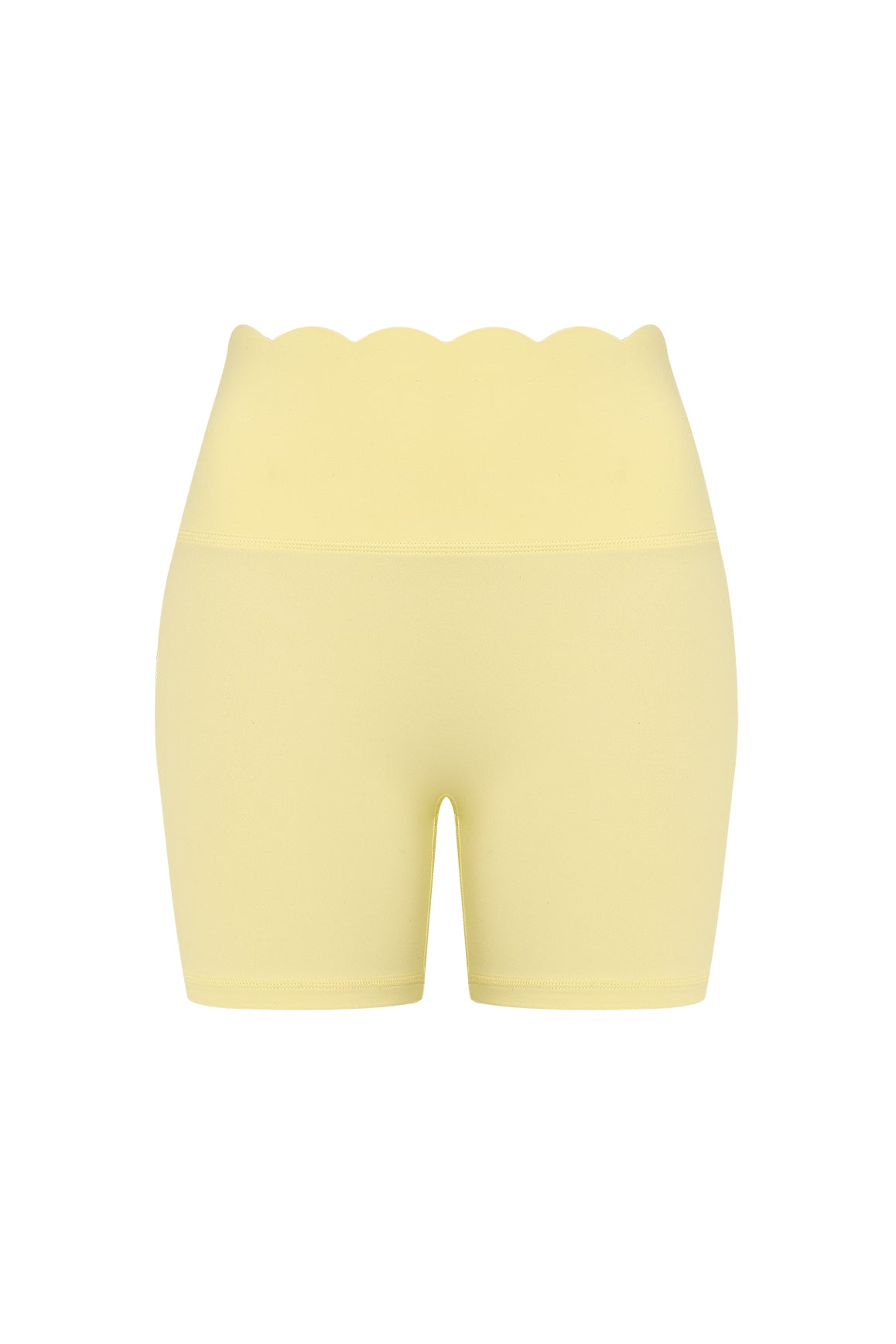 WISKII high-waist scallop scrunch shorts in lemon drop color, featuring a stylish scalloped hem and comfortable fit.