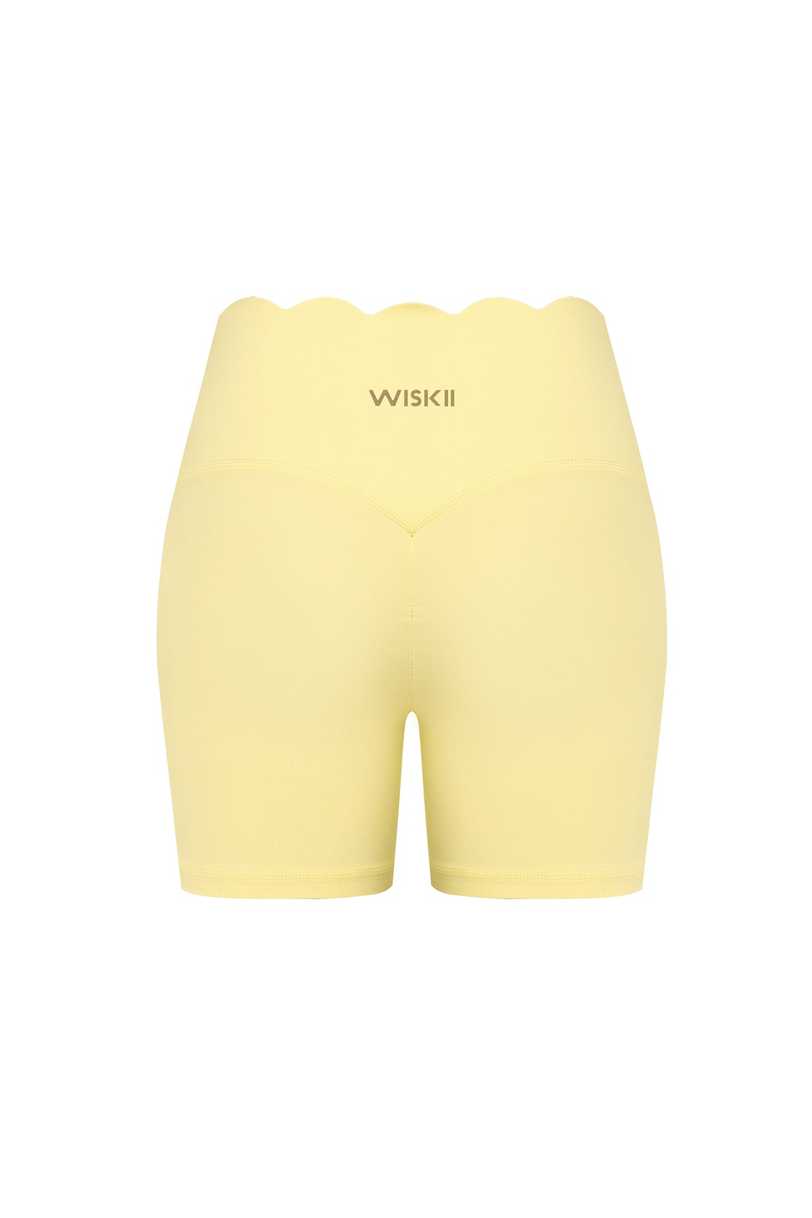 High-waist scallop scrunch shorts in lemon drop color by WISKII, showcasing back view and scalloped hem detail.