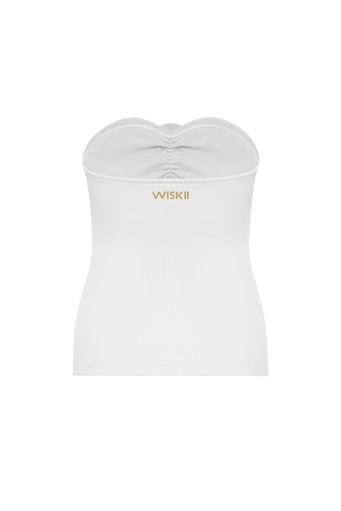 WISKII 米白色無肩帶花卉背心掛在衣架上展示,展現其輕盈面料與精緻花卉圖案。