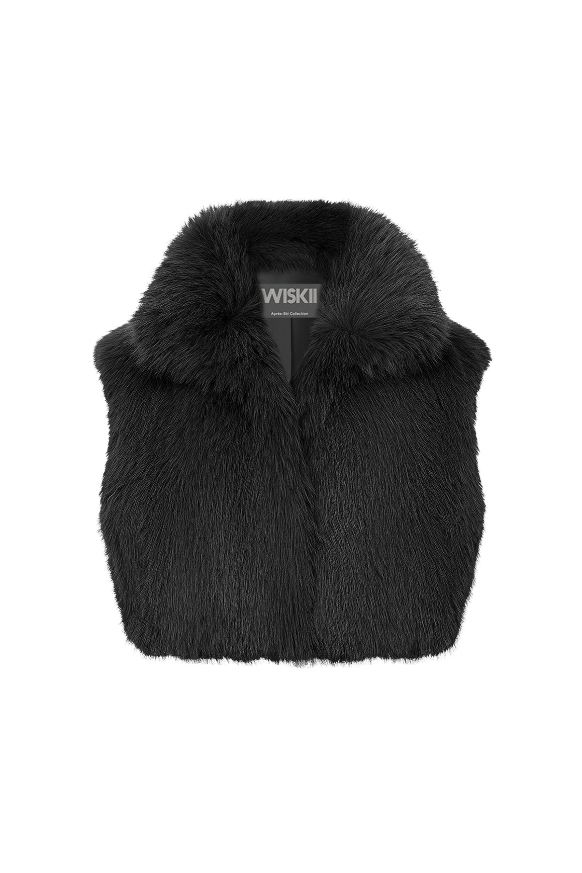 WISKII Alpine Cloud Faux Fur Vest in black truffle, featuring soft luxurious faux fur and a stylish sleeveless design.