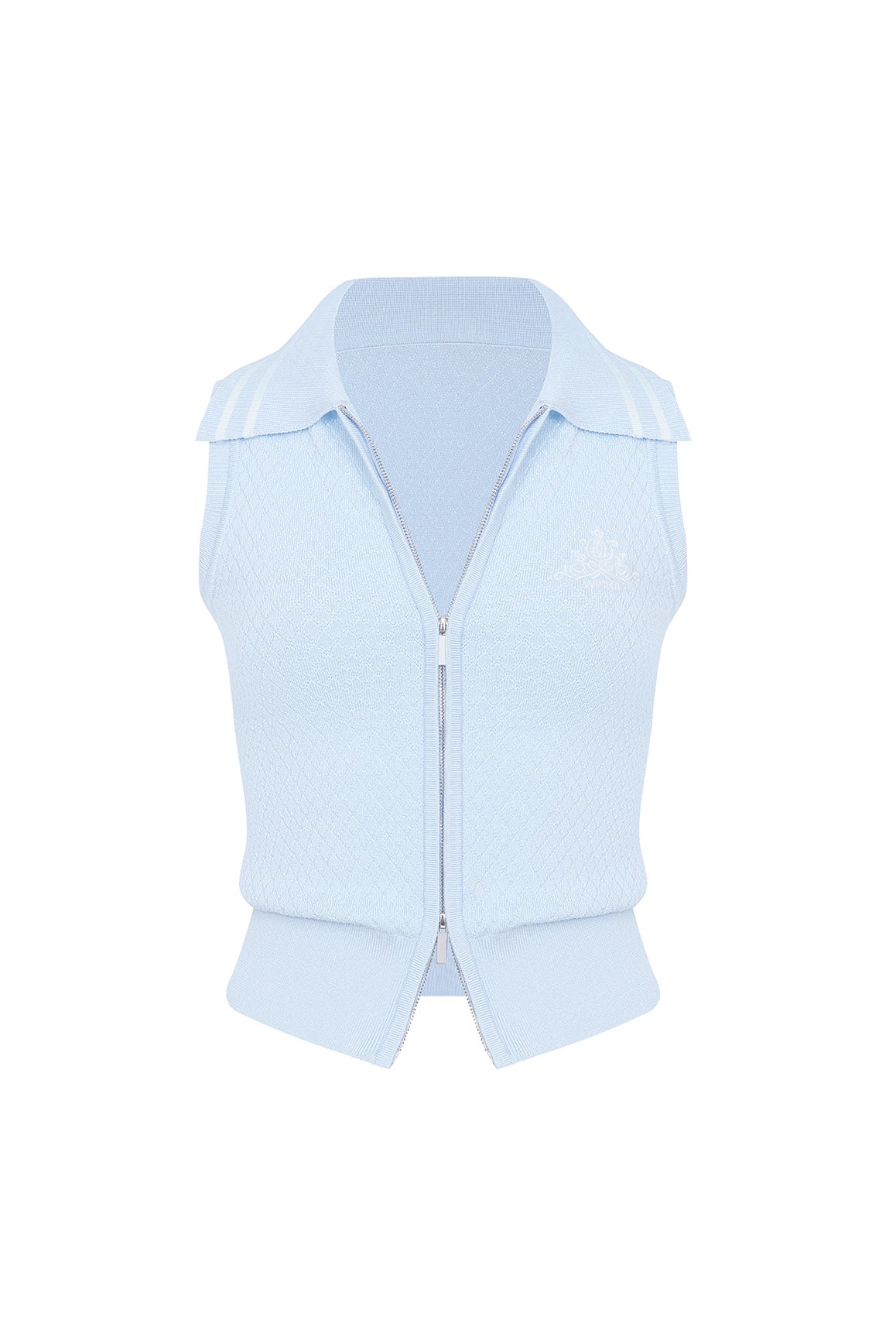 WISKII slim-fit cable knit zip tank vest in neutral color, featuring a front zipper and textured cable knit pattern.