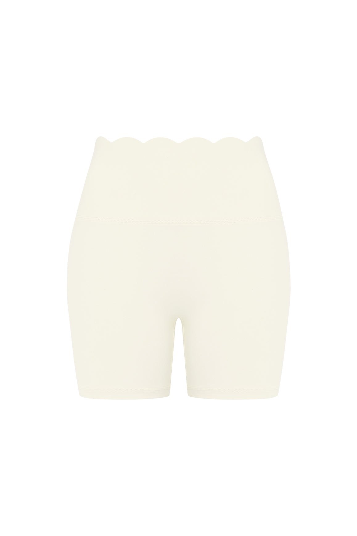 WISKII high-waist scallop scrunch shorts in milk color, featuring a stylish scalloped hem and comfortable fit.