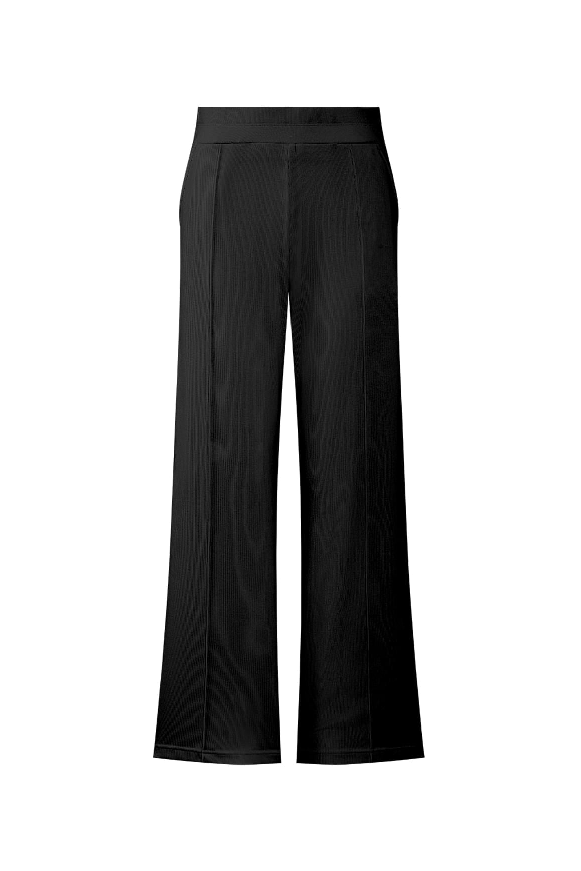 Black WISKII Riviera Wide Leg Pants laid flat showing high waist and flowing wide legs for a stylish, comfortable fit.