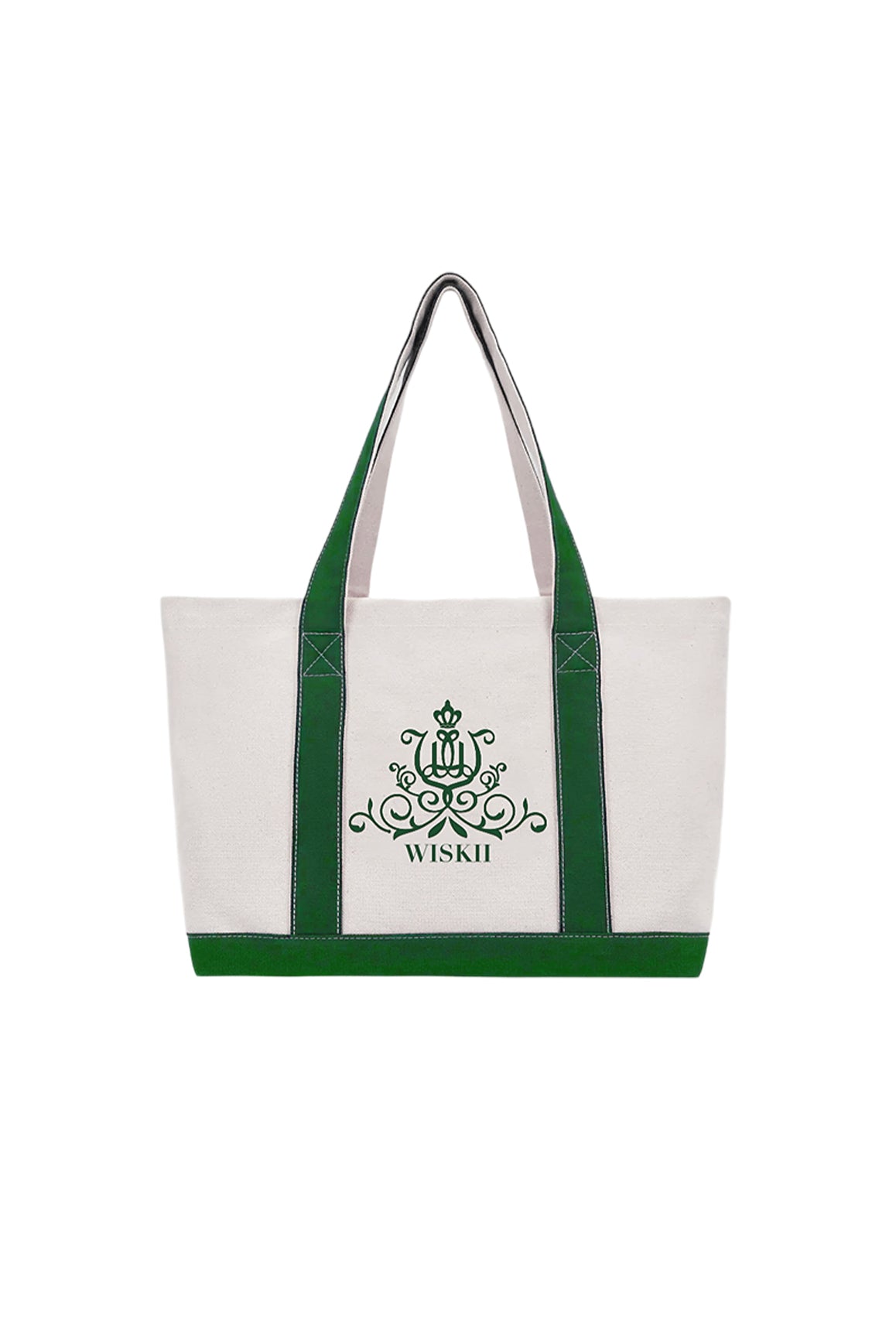 WISKII Clubhouse Canvas Tote Bag in green with adjustable handles and spacious interior, perfect for accessories and daily use.