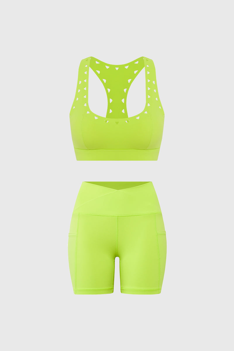 Model wears Racerback Laser Cut Sports Bra + V-Waist Vigorous Short | WISKII 