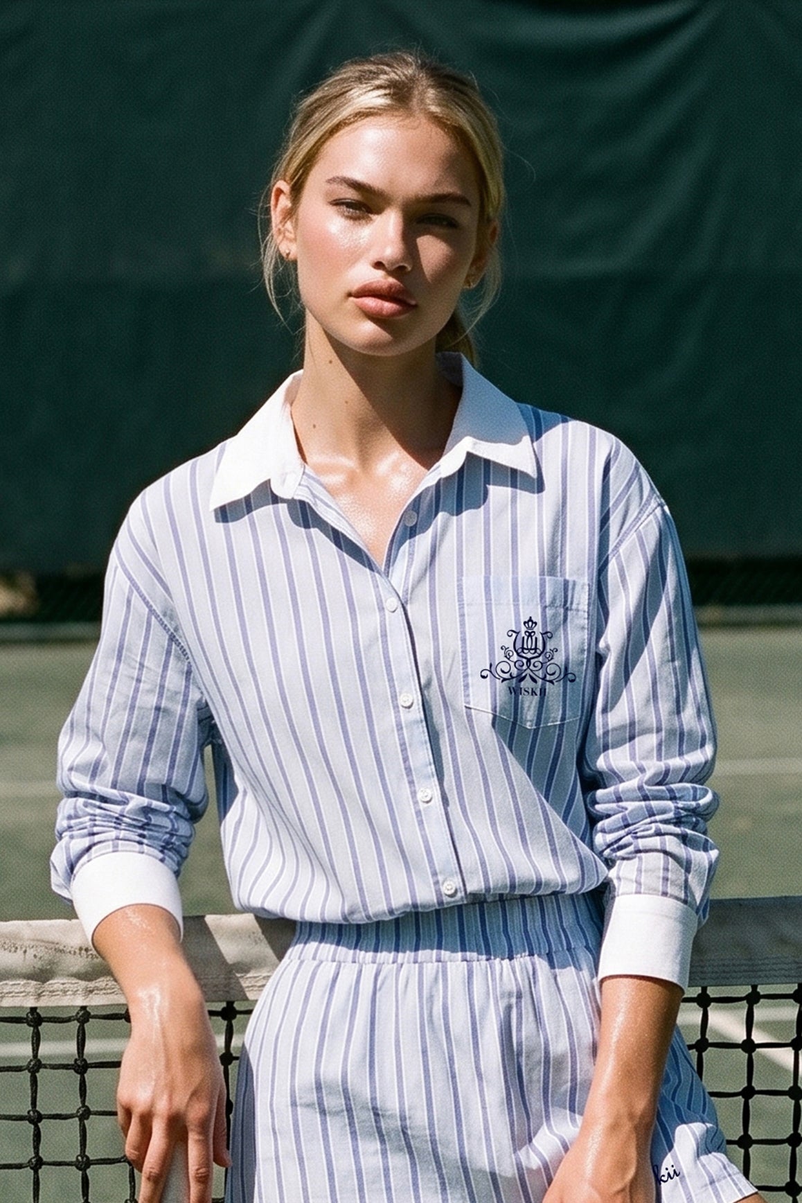 WISKII stripe button-down longline shirt with collar, long sleeves, and front button placket, styled on a mannequin.