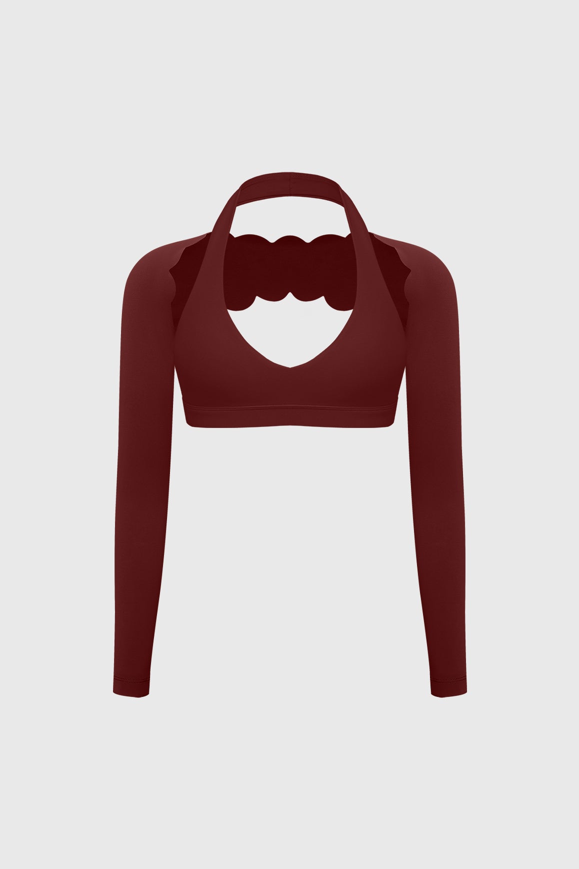 WISKII V-cut halter bra and scalloped long sleeve sports shrug bundle outfit, featuring stylish, comfortable activewear and layered fashion.