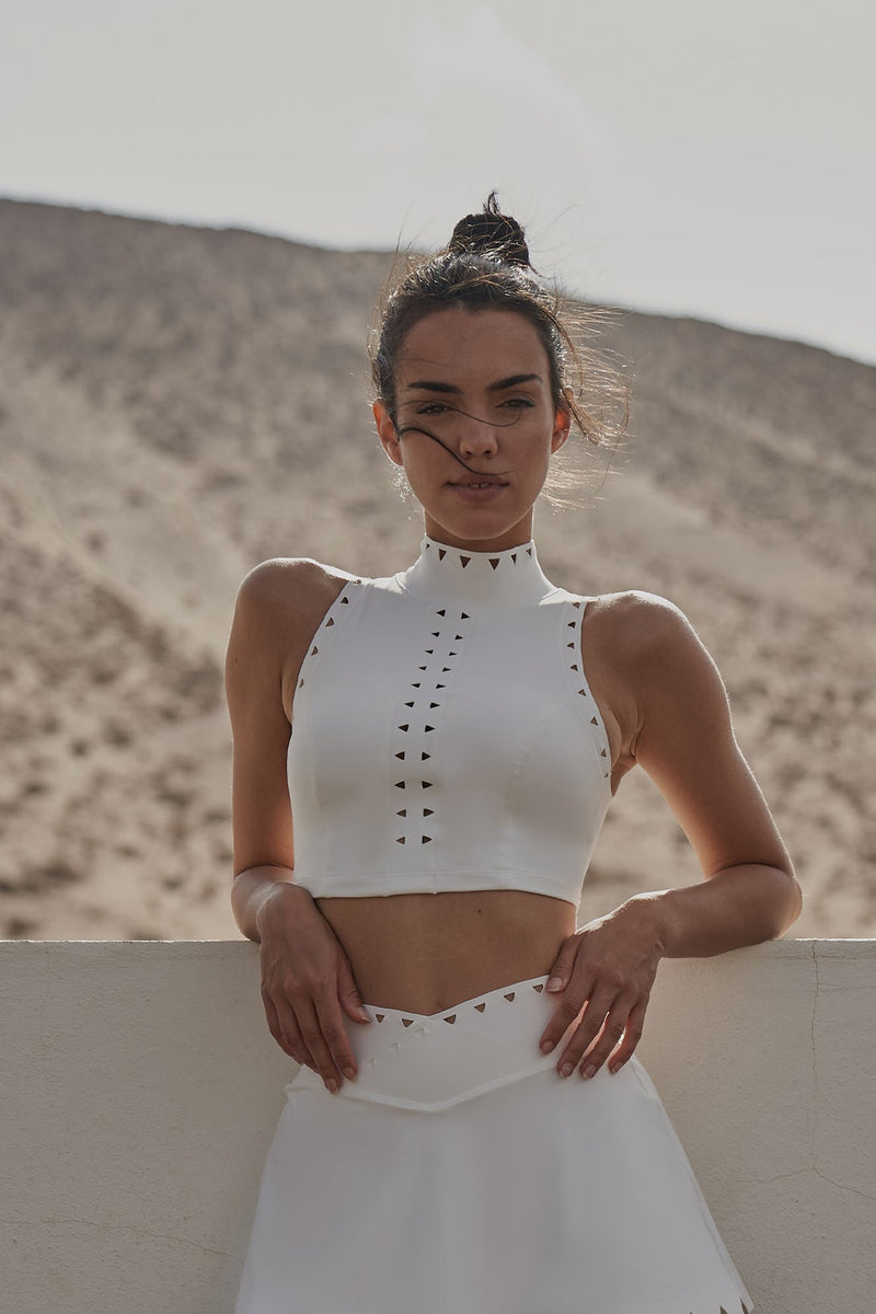 Model wears WISKII High Neck Laser Cut Leisure Bra