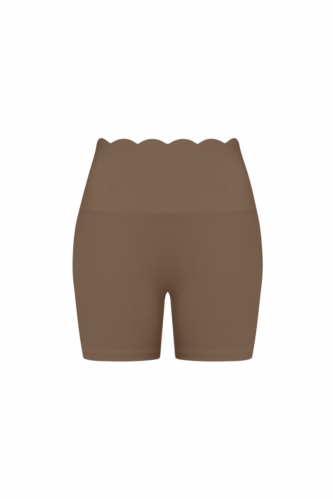WISKII high-waist scallop scrunch shorts in lightweight fabric, featuring scalloped edges and a comfortable fit.