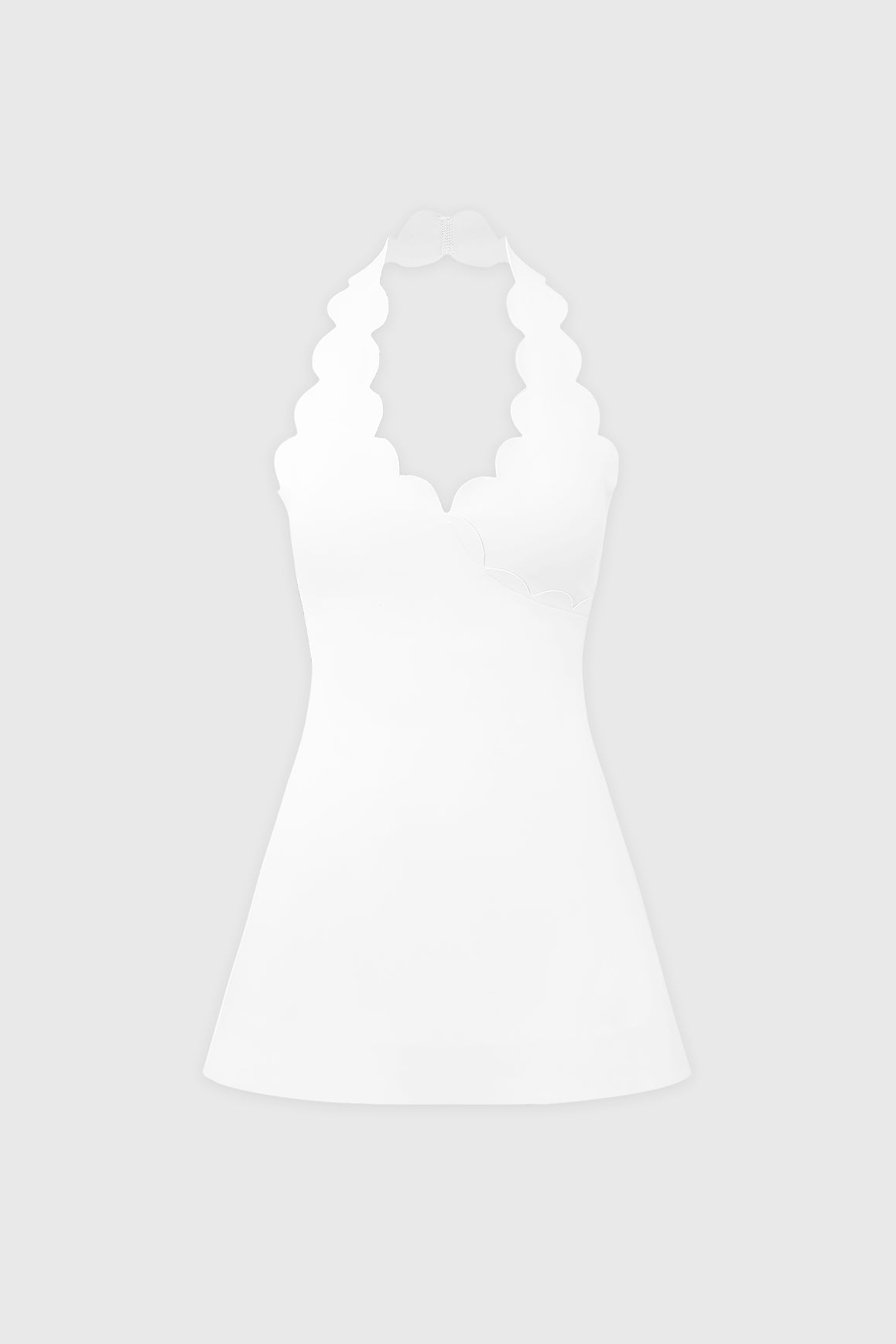WISKII Riviera scallop-halter dress in flowing fabric with scallop details, perfect for summer or beach wear.