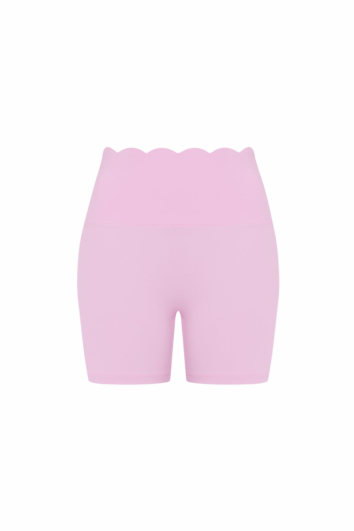 WISKII high-waist scallop scrunch shorts in light fabric with scalloped hem and fitted design, displayed on a neutral background.