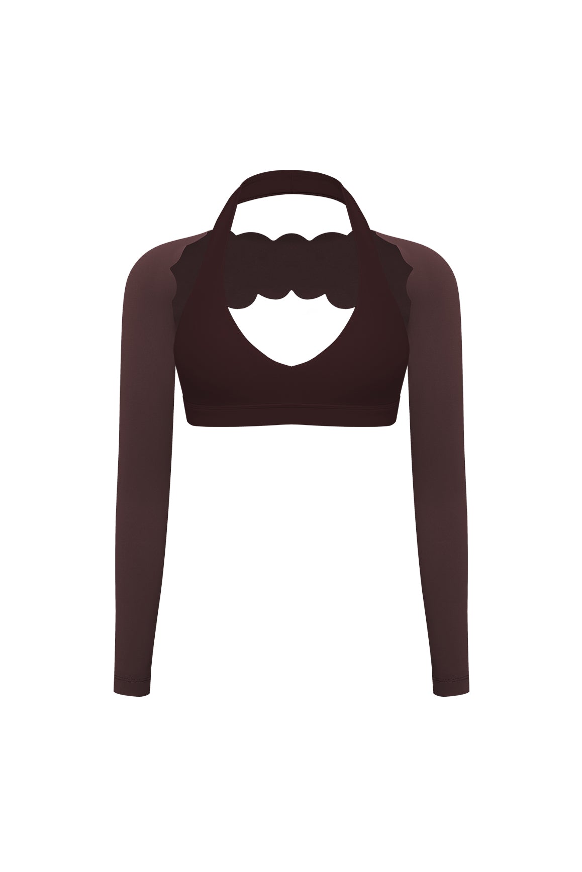 WISKII V-cut halter bra and scalloped long sleeve sports shrug bundled outfit, featuring stylish, comfortable clothing pieces.
