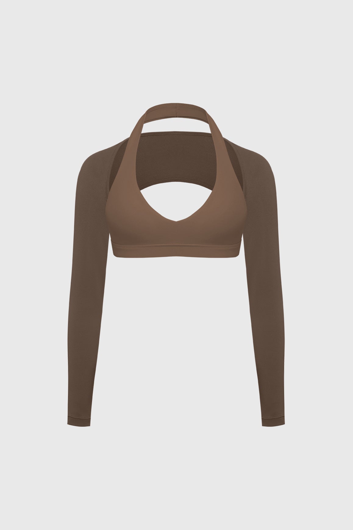 WISKII V-cut halter bra and minimal long sleeve sports shrug bundle worn together, featuring stylish workout and casual outfit combo.