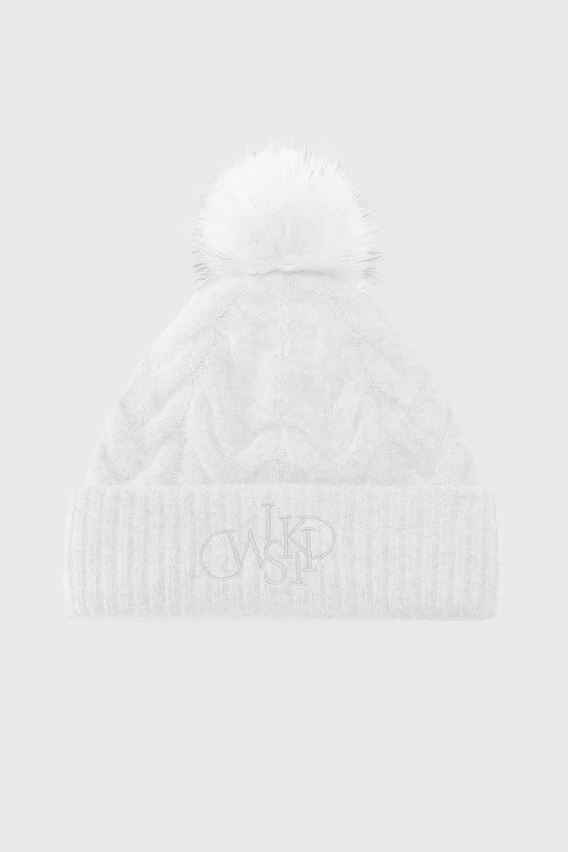 WISKII chunky cable knit beanie in ivory, cozy accessories for cold weather, featuring thick knit pattern and snug fit.