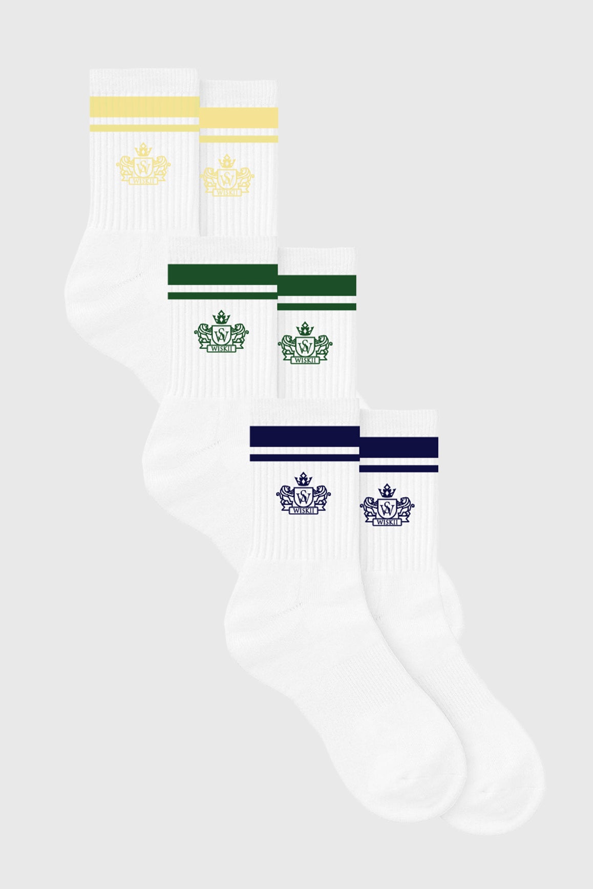 WISKII Classic Stripe Varsity Socks 3-Pack showing colorful striped athletic socks for casual wear and sports activities.