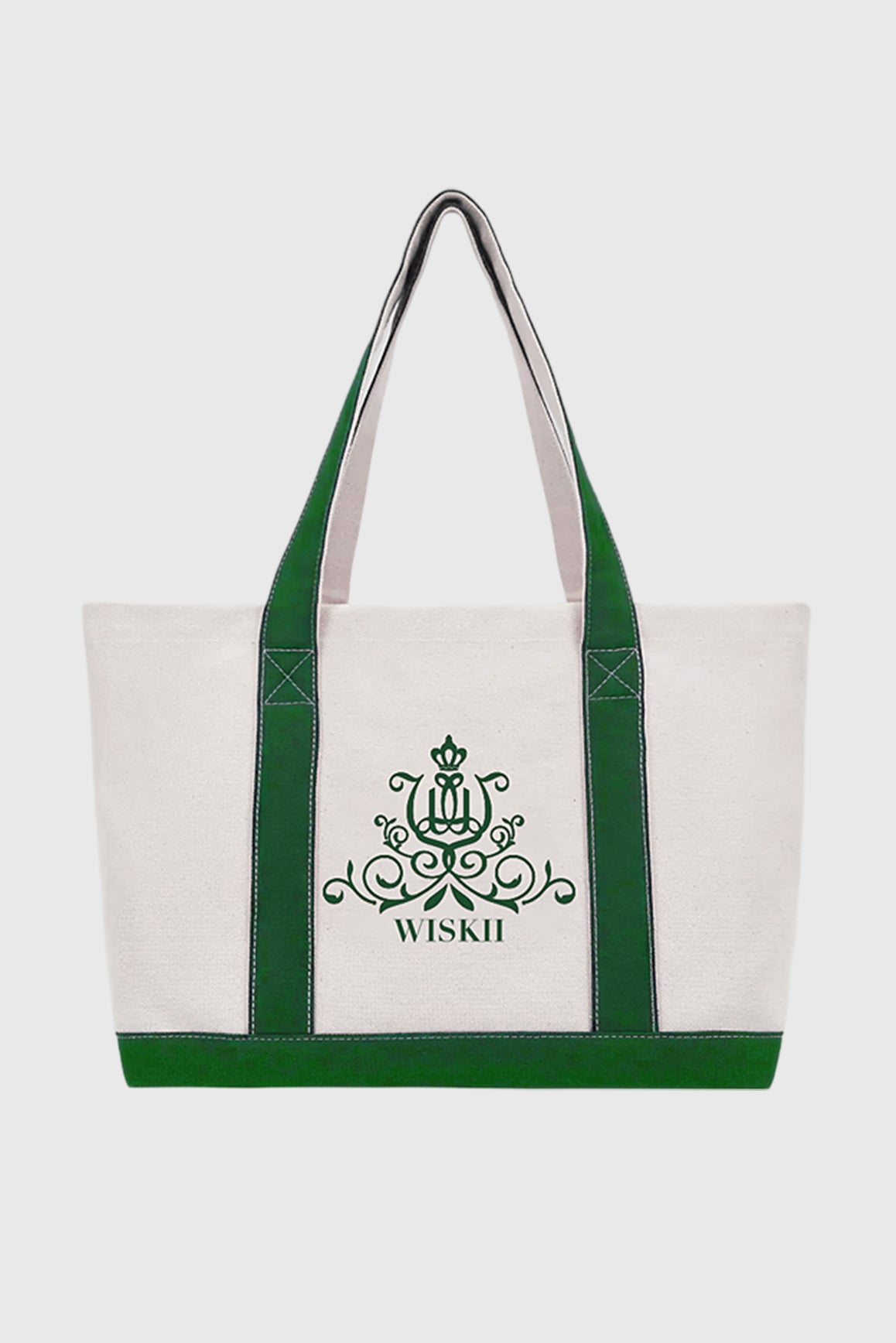 WISKII Clubhouse canvas tote bag in noble green with durable handles, perfect for accessories and everyday use.