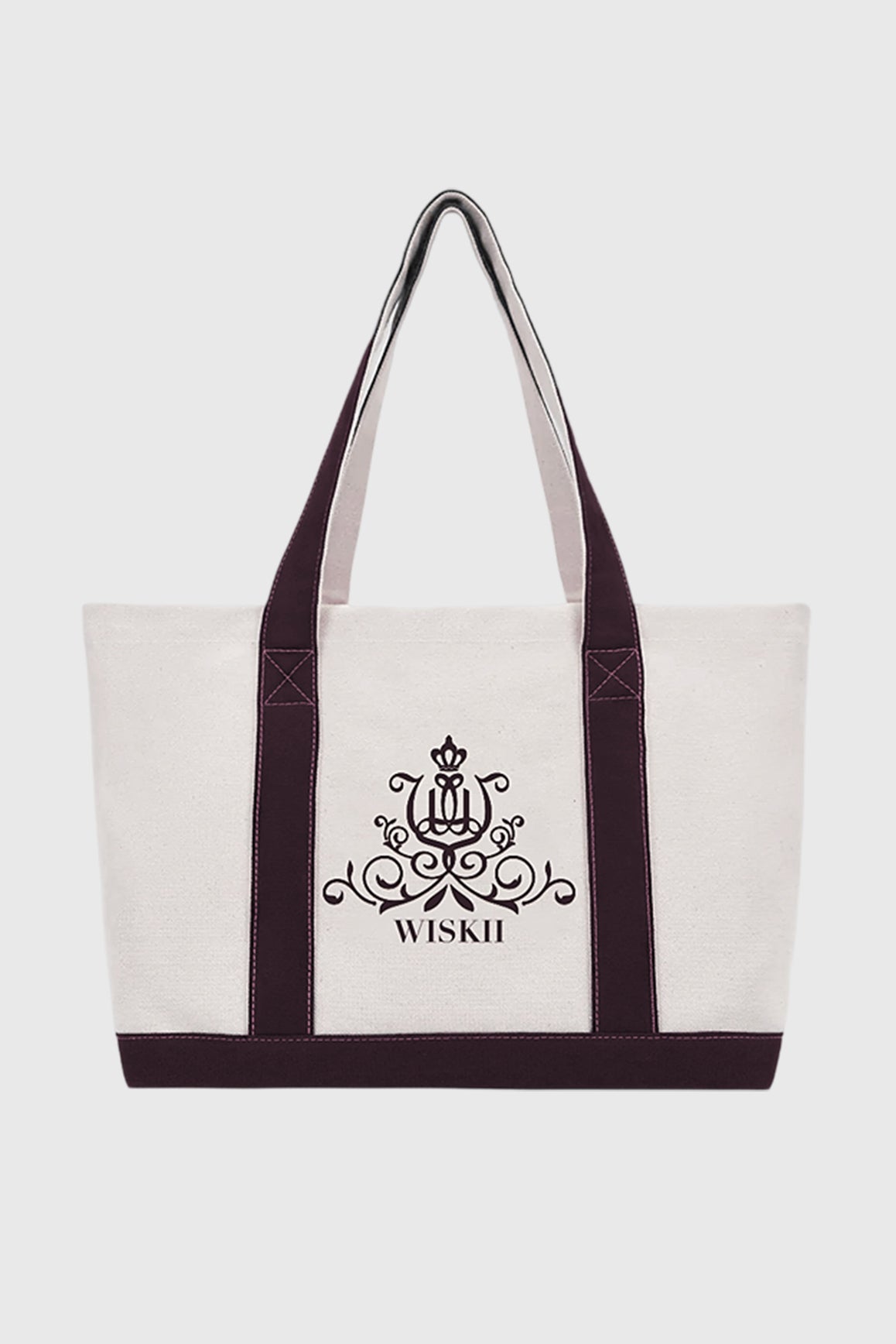 WISKII Clubhouse canvas tote bag in velvet fig color, featuring sturdy handles and spacious interior for accessories and daily essentials.