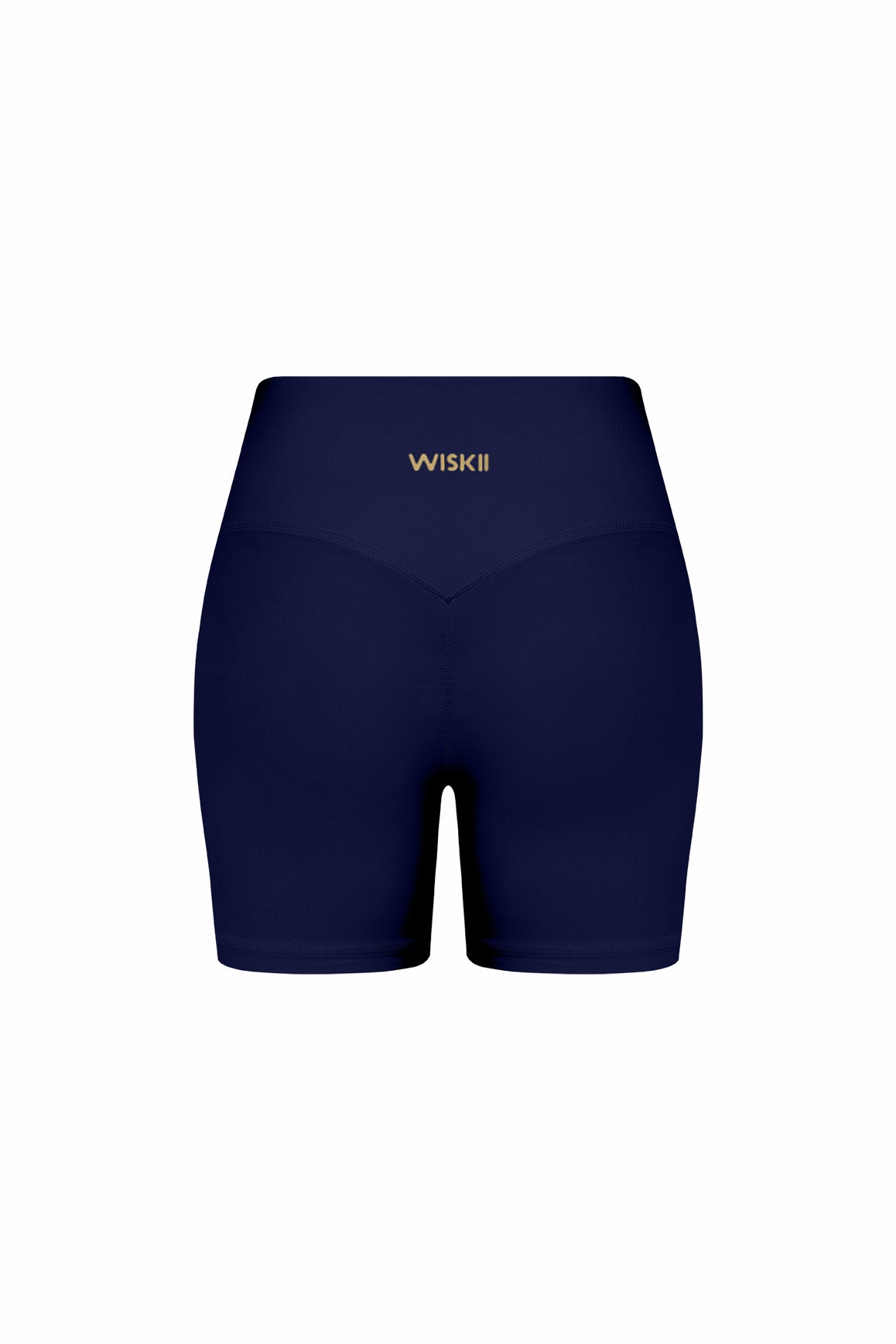 WISKII high-waist Vigor Scrunch shorts in midnight blue, showcasing their stylish fit and comfortable design.