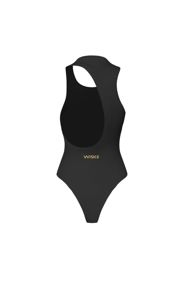 Model wear a Riviera Asymmetrical Back Bodysuit | WISKII Active | Black Bodysuit 