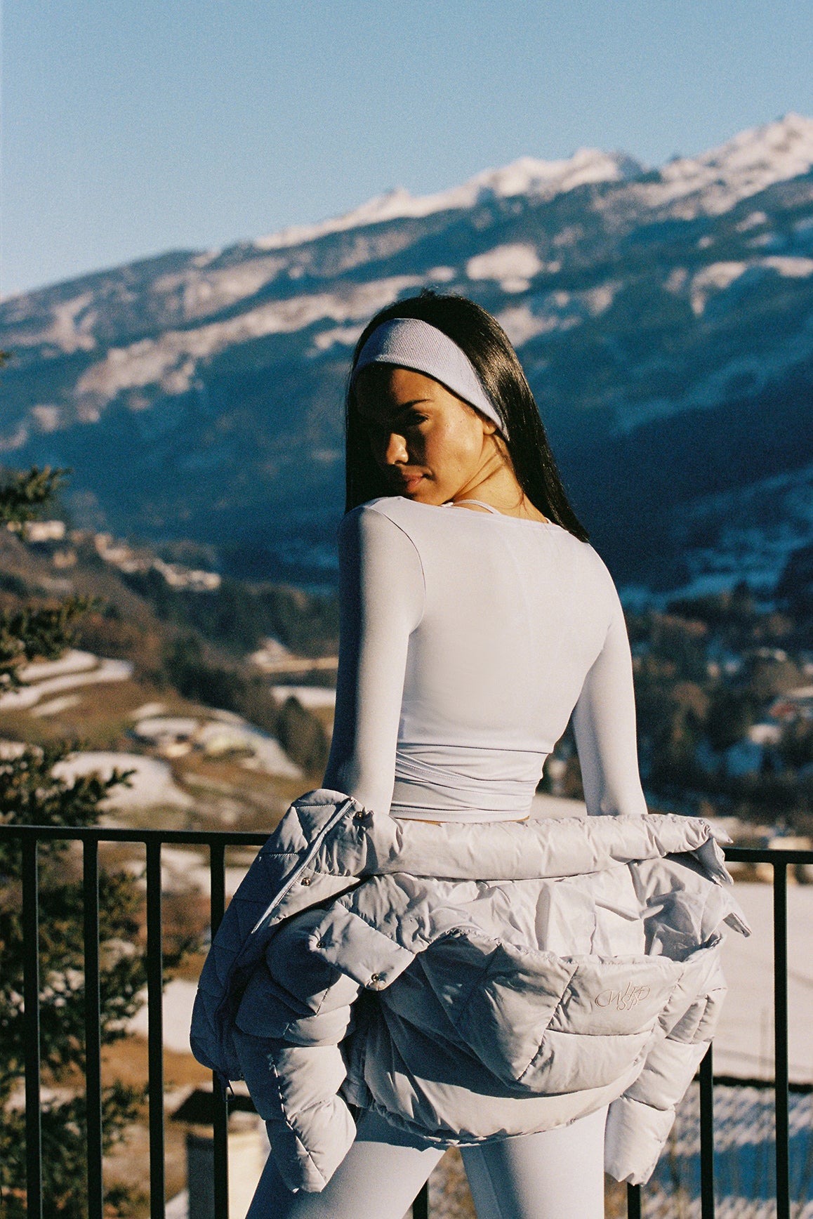 Model wears Blue Tie-Front Long Sleeve Crop Top | WISKII ACTIVE | Heavenly Blue