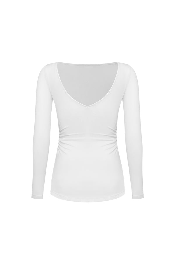 Model wears Long Sleeve V-Back Top | WISKII Active | Ivory