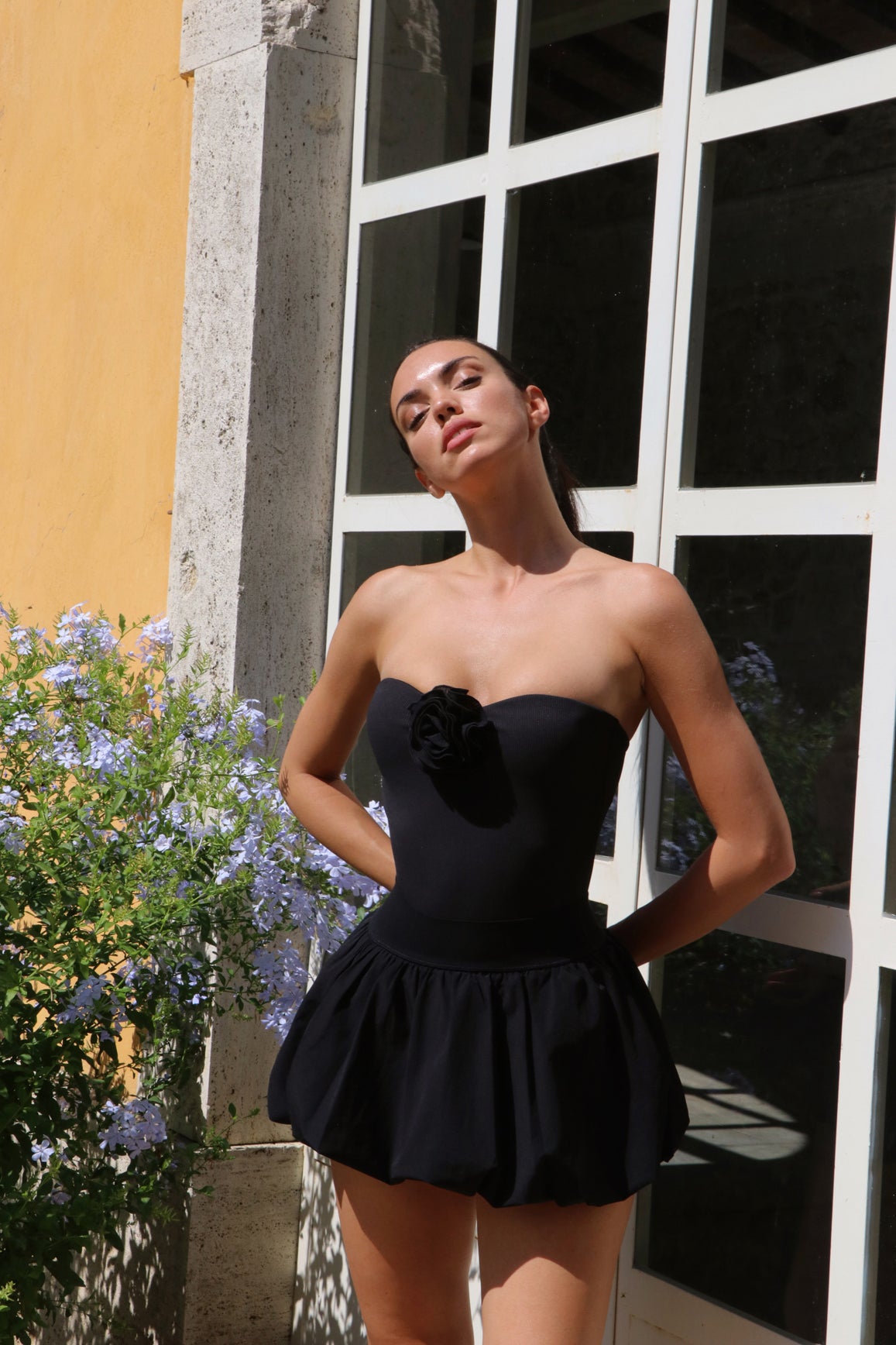 Model wears WISKII Strapless Floral Tank Top | black tank top | WISKII Active