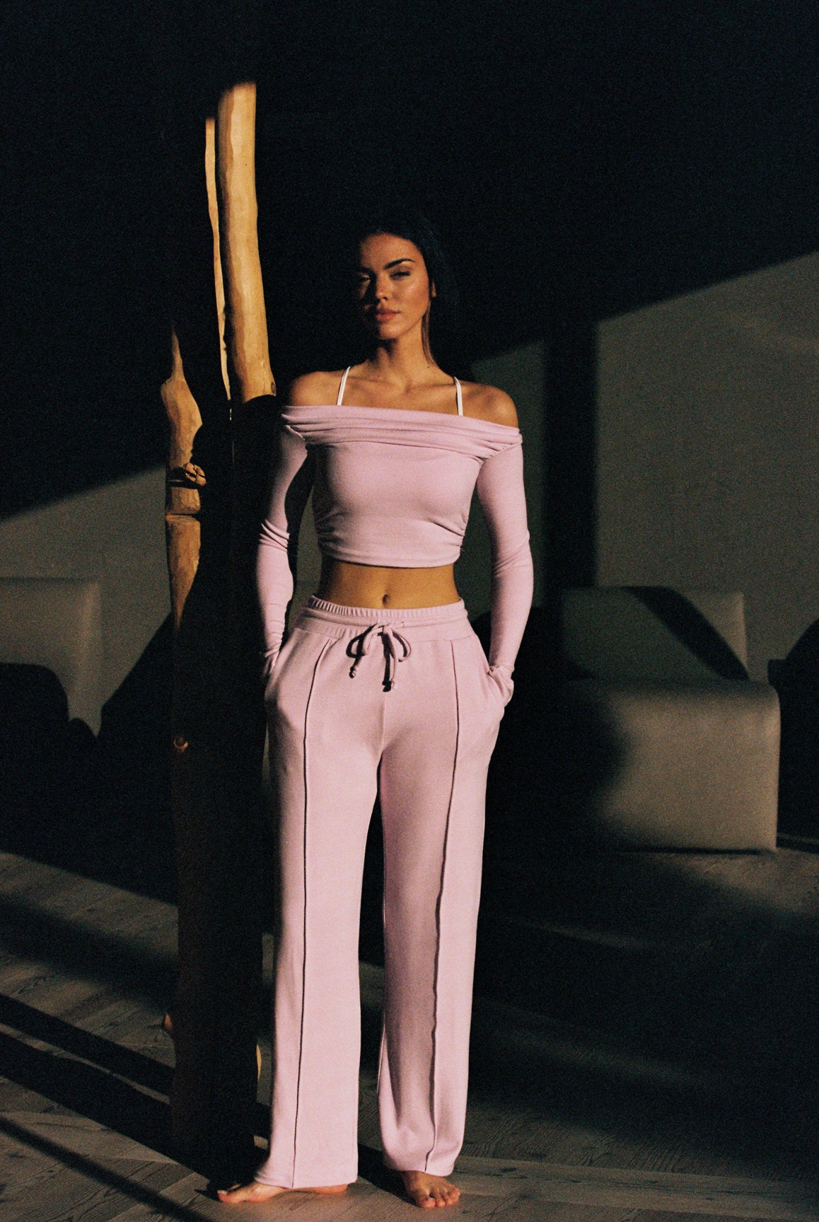 Model wears a High-waist Lounge Wide-leg Pant |Ballet Blush | WISKII ACTIVE