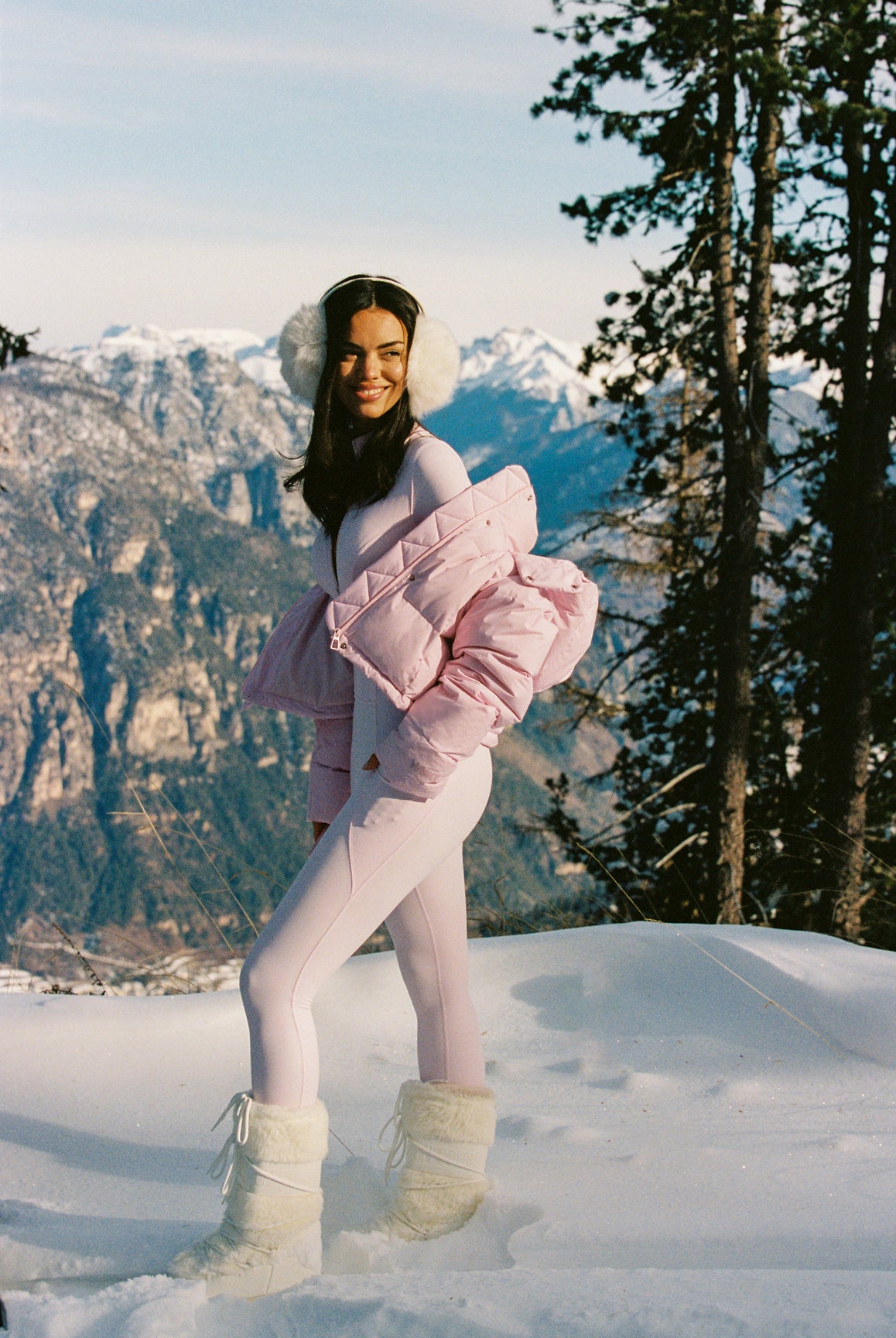 Model wears a Long Sleeve Half-Zip Full Length Jumpsuit | Ballet Blush | WISKII ACTIVE