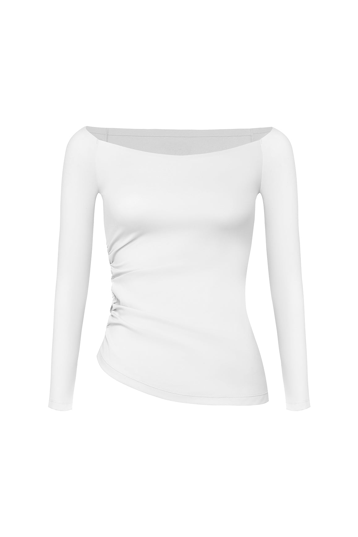 Model wears a Long Sleeve Ruched Off-Shoulder Top | WISKII ACTIVE | Color ivory