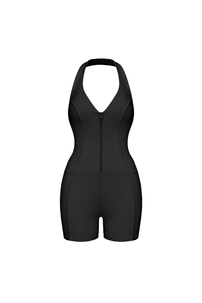 Model wears a Riviera Hourglass Zip Front Romper | Black| WSKII Active