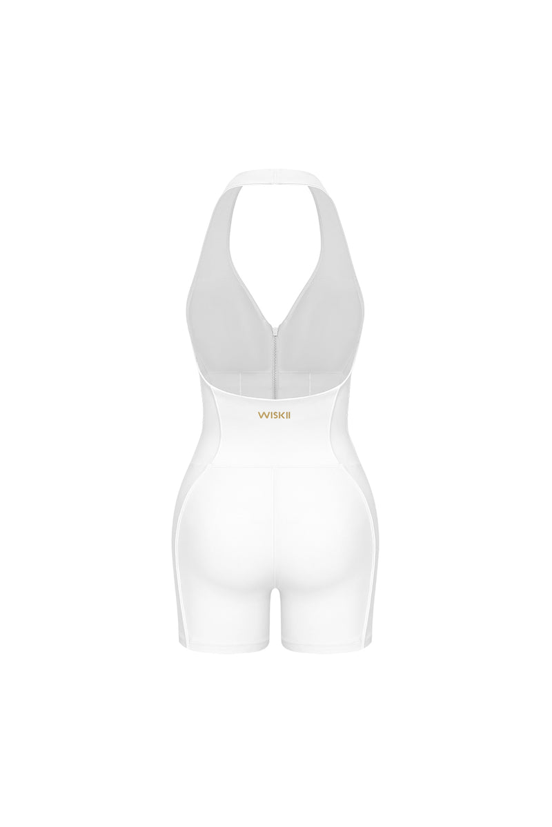 Model wears a Riviera Hourglass Zip Front Romper | Ivory | WSKII Active