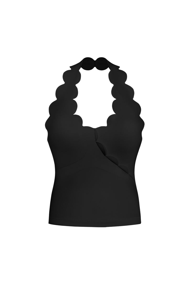 Riviera Scallop Halter Bra Tank | Black | WISKII Active