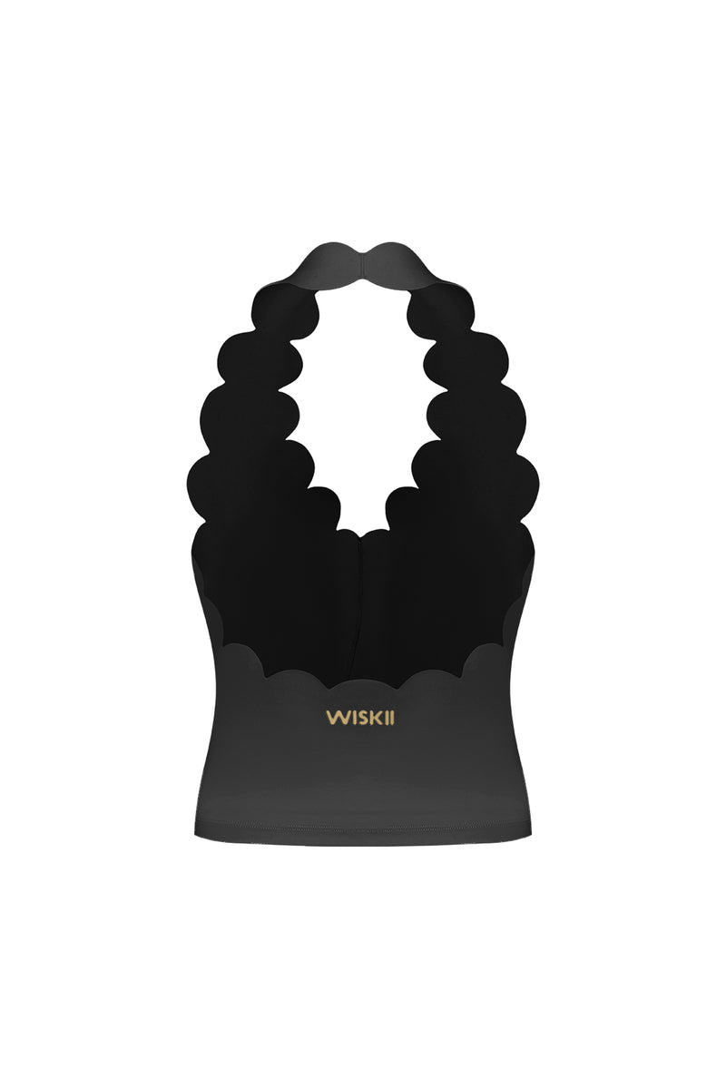 Riviera Scallop Halter Bra Tank | Black | WISKII Active