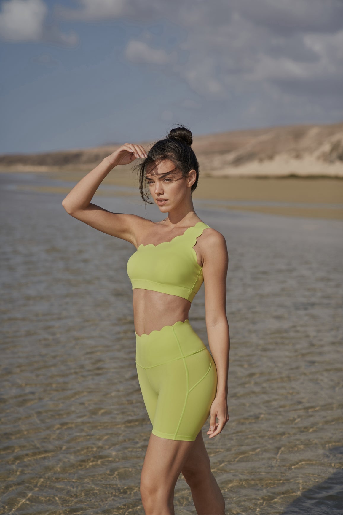 Dynamic One Shoulder Sports Bra in Bitter Lime color