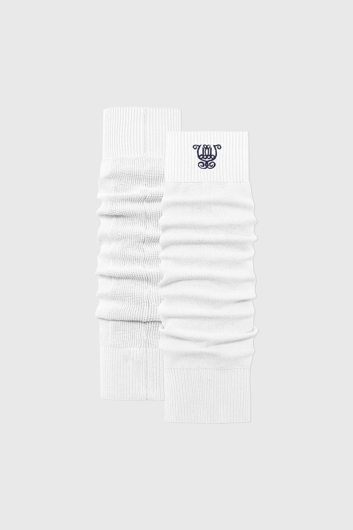 WISKII Studio Luxe Leg Warmers in white, soft knit accessories for added warmth and style.