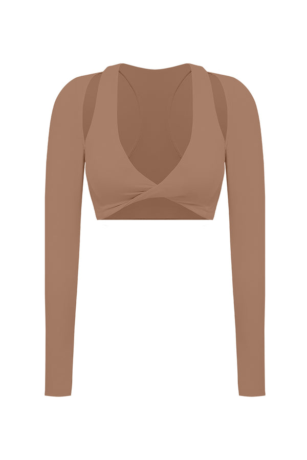 Twist-Front Shoulder Cut Crop Top | Tuscan Tan | WISKII Active