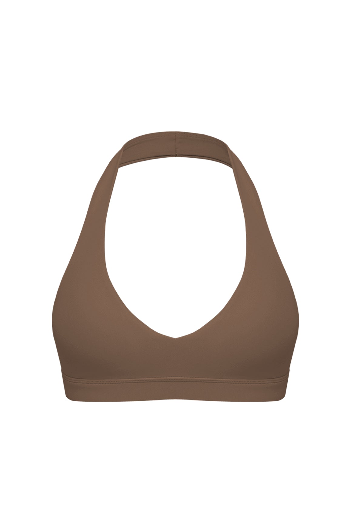 WISKII V-Cut Halter Sports Bra in desert color, front view showing supportive design and V-shaped neckline.