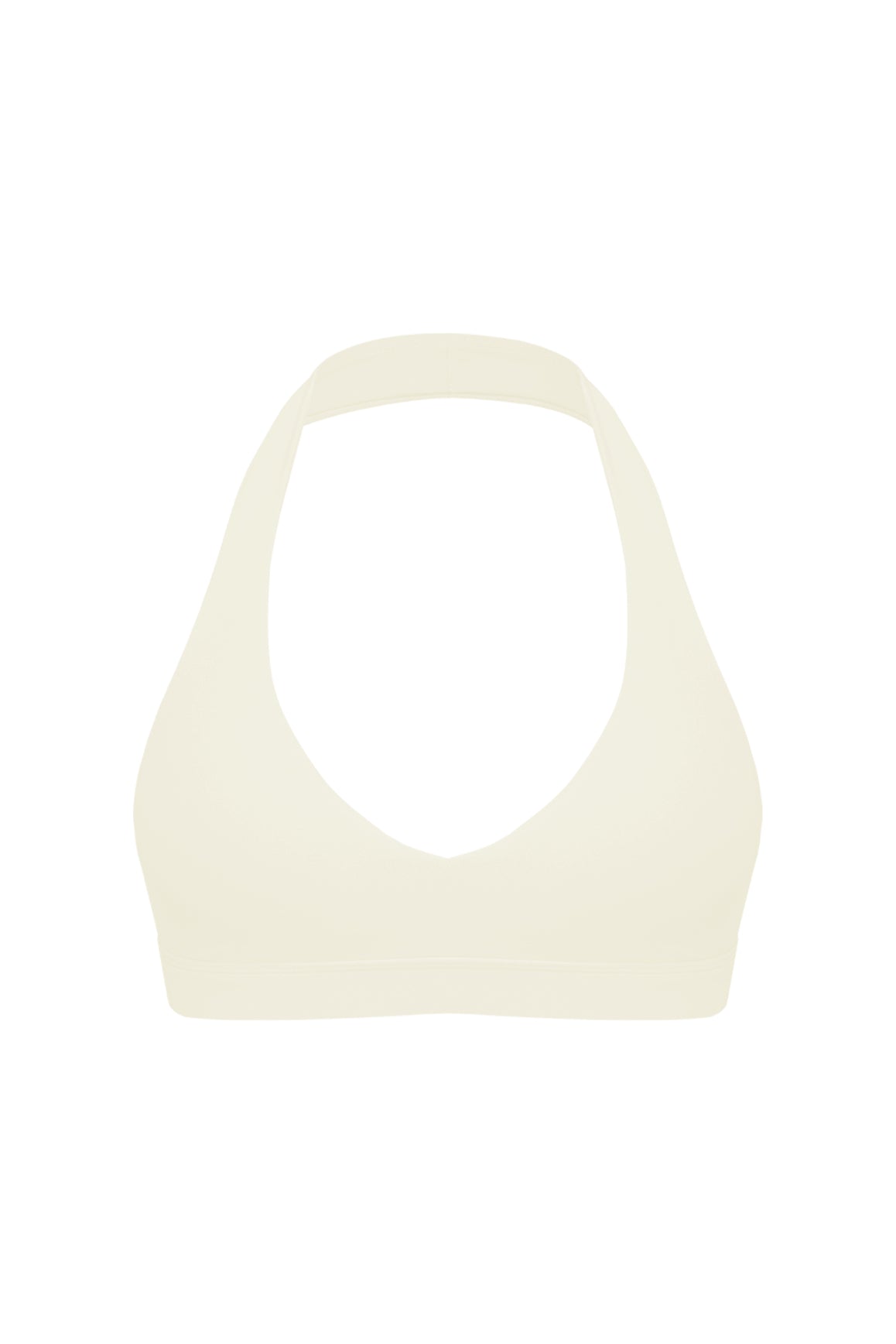 WISKII V-Cut Halter Sports Bra in milk color, showing front view with V-neck design and supportive straps.
