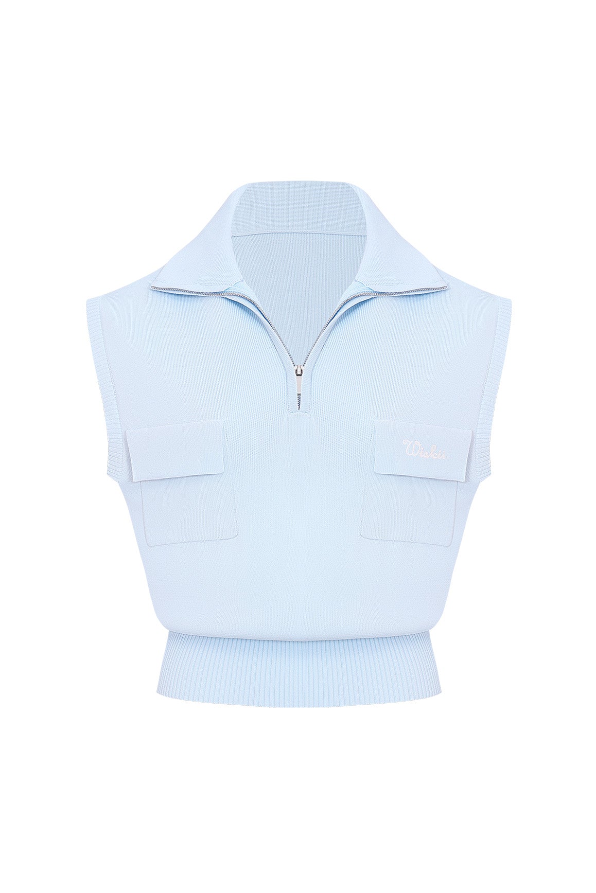 WISKII cap-sleeve knit polo tank top with a fitted design and ribbed collar, shown in a close-up front view.