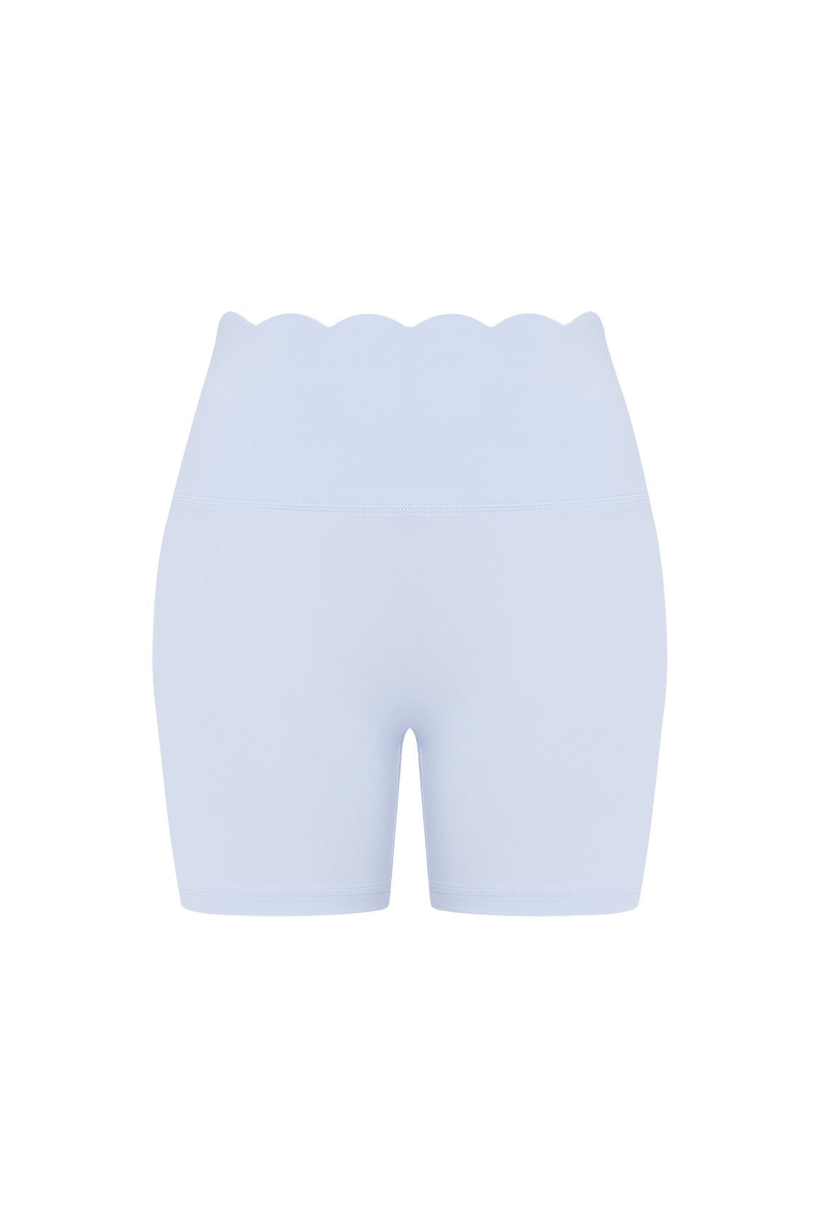 WISKII high-waist scallop scrunch shorts in heavenly blue, featuring a stylish scalloped hem and comfortable fit.
