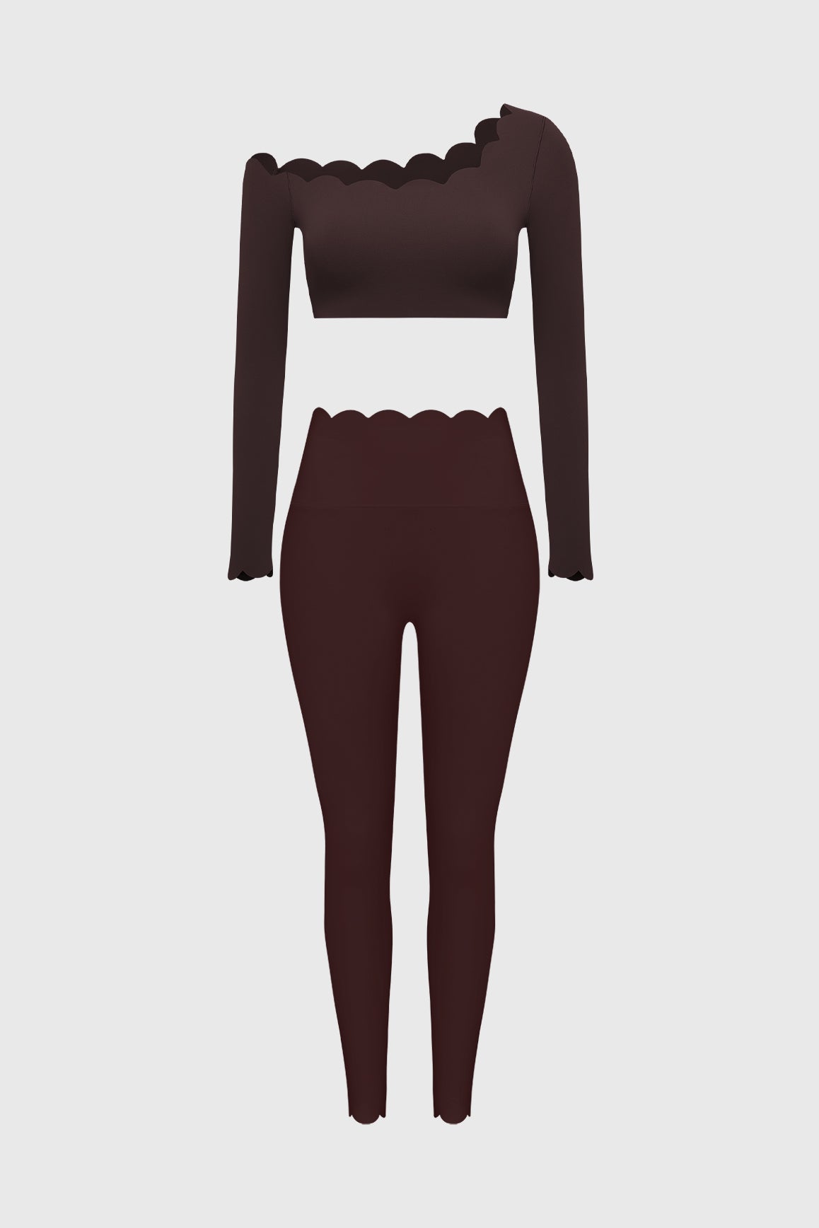 WISKII one-shoulder scallop long sleeve crop top and high-waist scallop scrunch leggings, stylish matching outfit bundle.