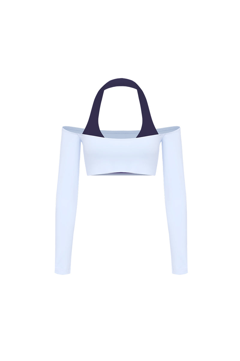 露肩長袖短款上衣