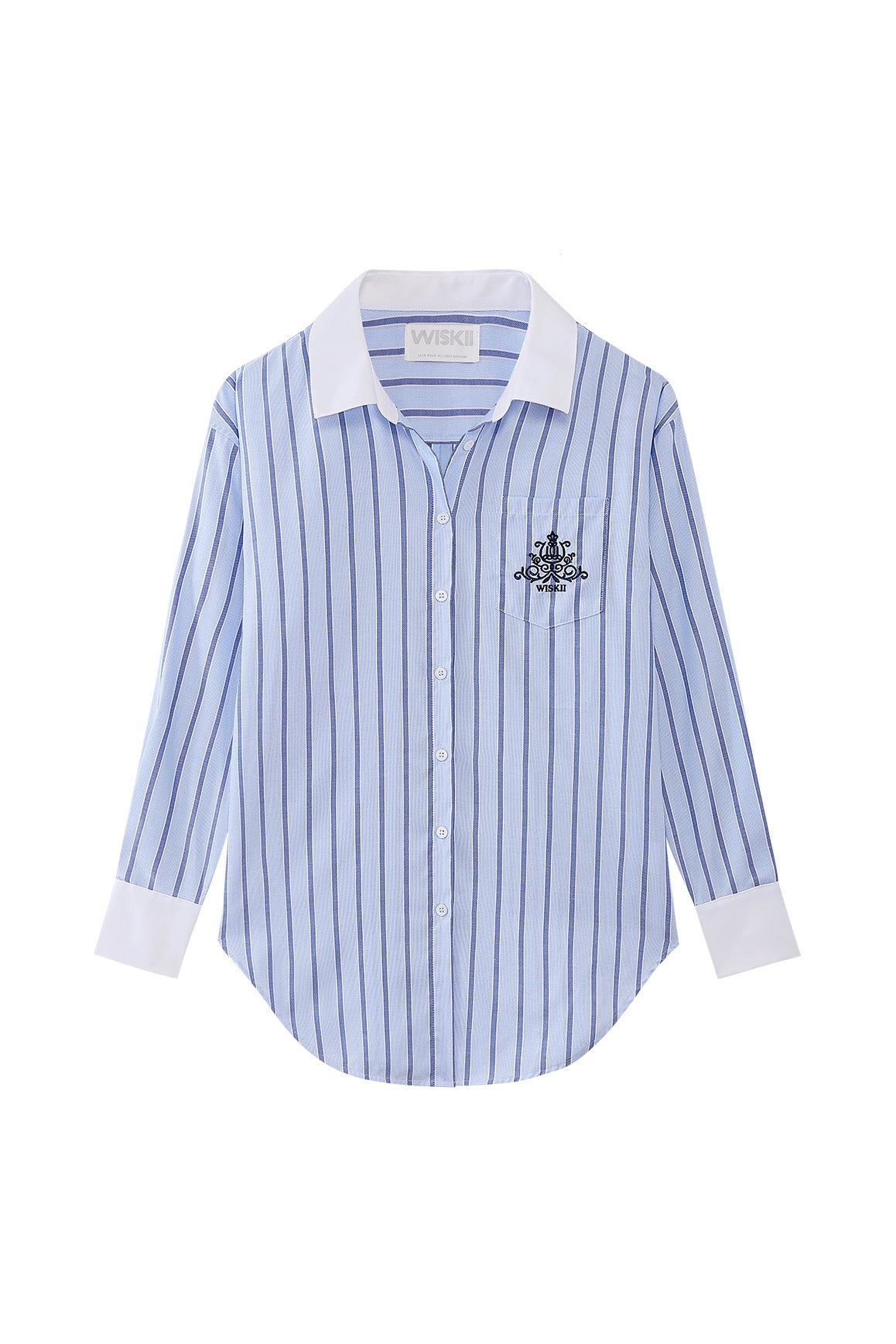 WISKII stripe button-down longline shirt with collar and long sleeves, featuring a relaxed fit and vertical stripe pattern.
