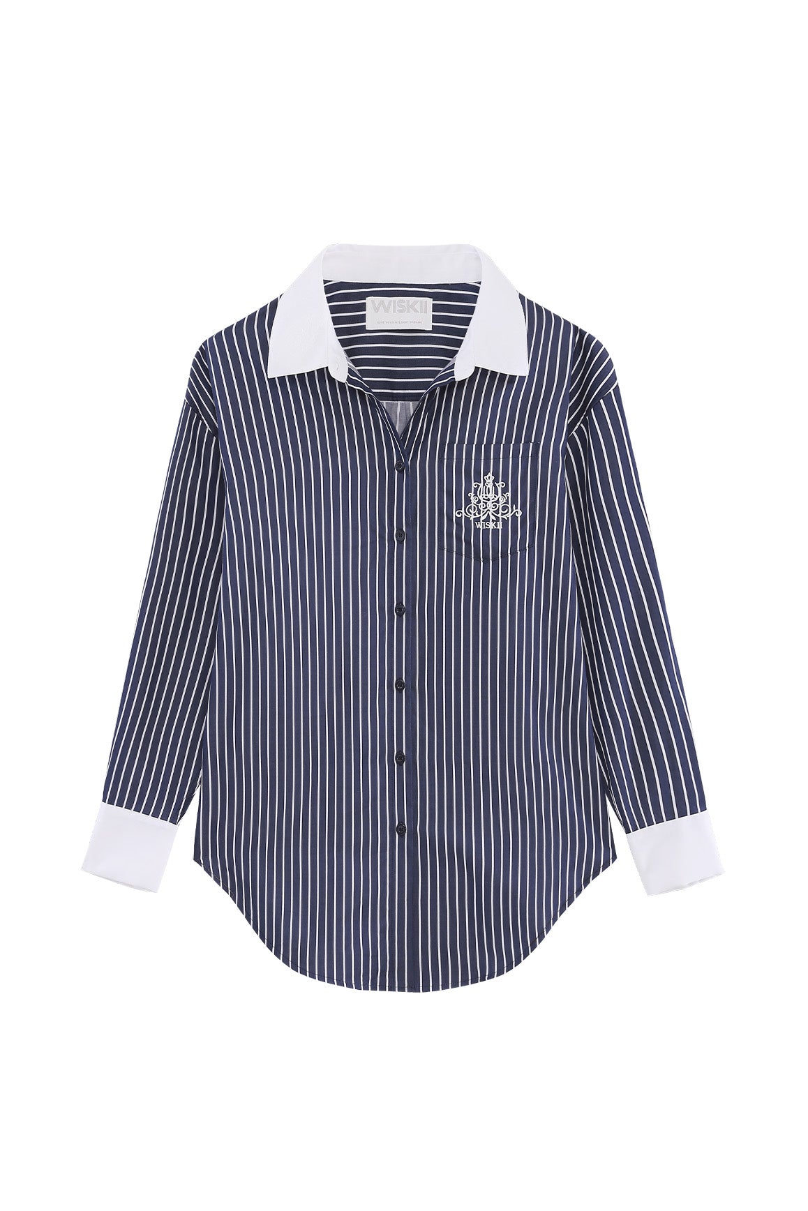 Navy WISKII Stripe Button-Down Longline Shirt displayed flat showing front with collar and long sleeves.