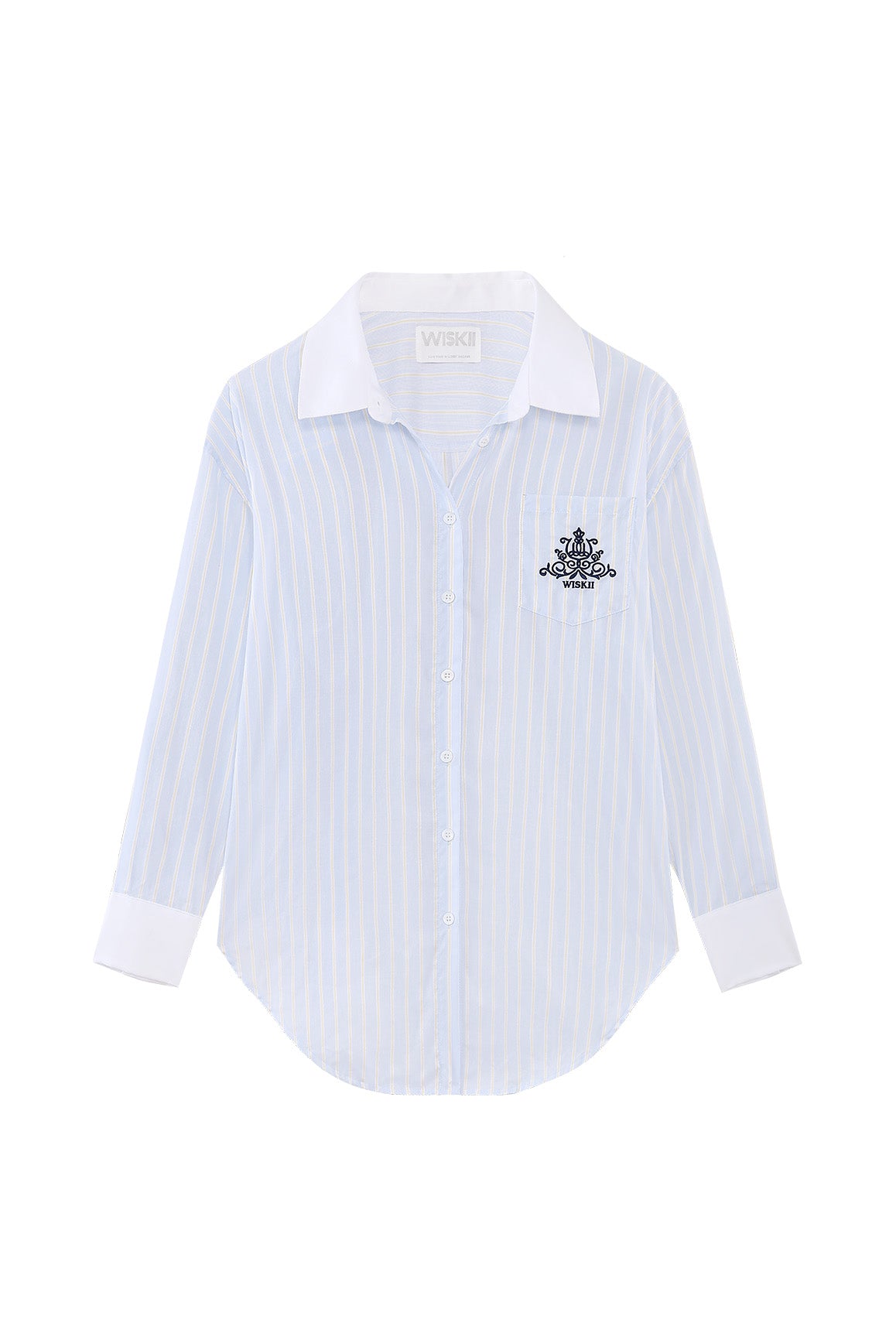 WISKII Stripe Button-Down Longline Shirt in white with vertical blue stripes, long sleeves, and a relaxed fit.