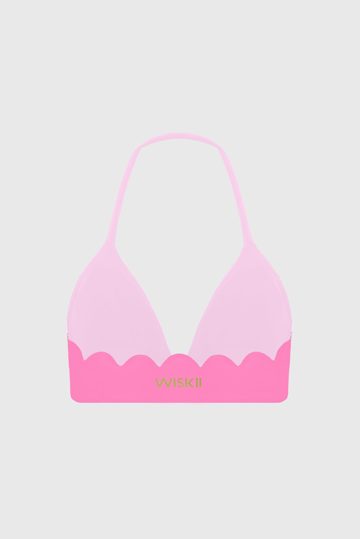 WISKII scallop contour halter sports bra in soft fabric, featuring scalloped edges and supportive halter design for active wear.