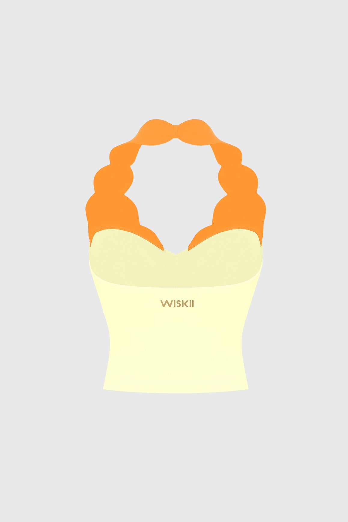 WISKII Riviera scallop contrast halter crop top with scalloped edges and halter neckline, stylish for casual wear.