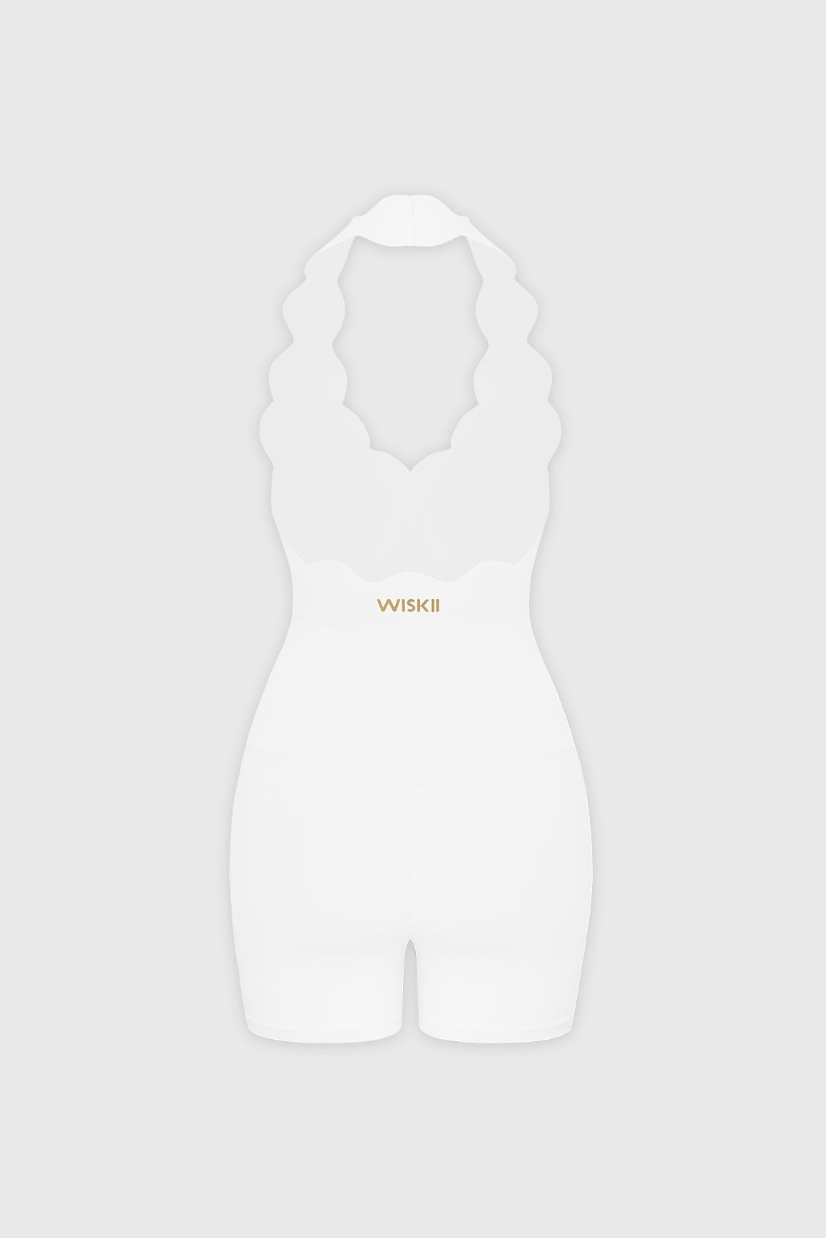 WISKII scallop-halter hourglass playsuit with fitted waist and ruffled details, shown on a model against a neutral background.