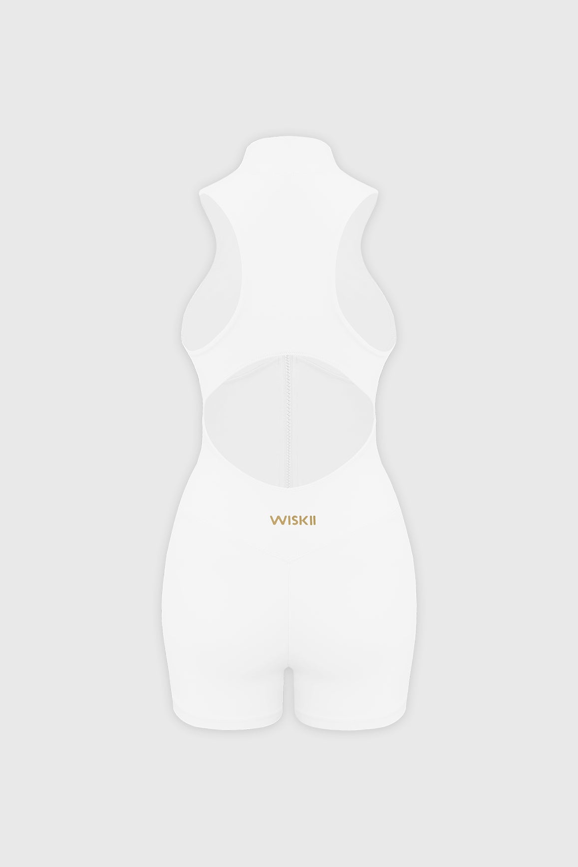 WISKII Hourglass zip-up playsuit, stylish jumpsuit with fitted silhouette and zipper front, in a sleek, modern design.