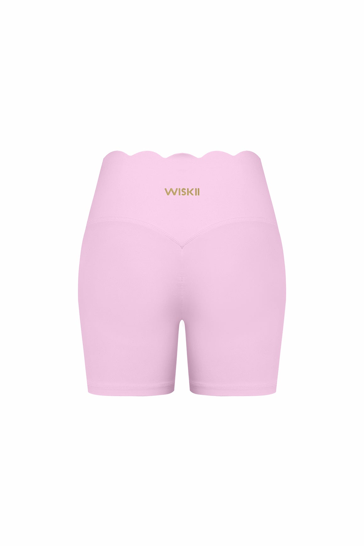 WISKII high-waist scallop scrunch shorts in light blue fabric with scalloped hem and fitted design, displayed on a flat surface.